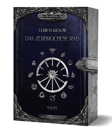 Das Cover zeigt mittig ein silbernes zerbrochenes Rad mit zwölf Speichen. Umrandet ist das Rad mit den Symbolen der zwölf Götter aus den Büchern. Im oberen und unteren Bereich befindet sich je eine Zierleiste, in der oberen ist der Reihentitel eingearbeitet. Autor und Titel stehen darunter, der Untertitel ist unter dem Rad. Rechts ist mittig ein Verschluss aufgemalt, der über den Buchschnitt verläuft, so dass es wirkt, als wäre das Buch verschlossen. Das Cover ist dunkelblau, der Buchschnitt grau.